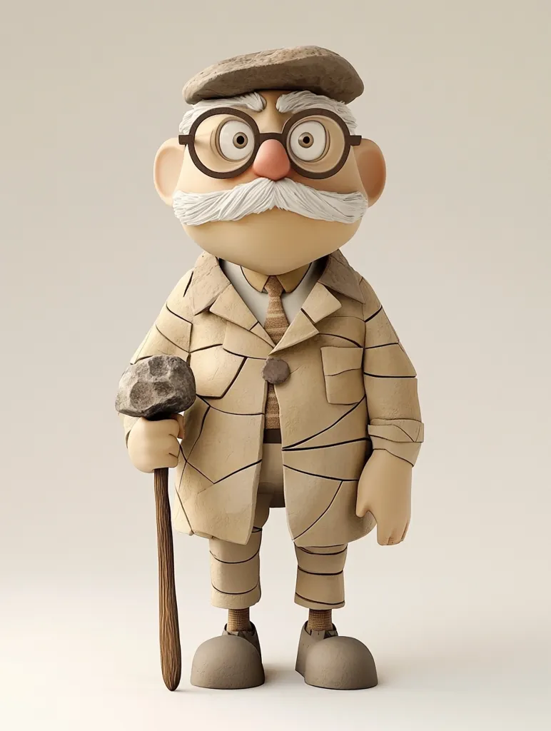 A whimsical 3D-rendered cartoon grandpa stands proudly.  He's wearing a beige, textured coat, trousers, and a newsboy cap, complemented by round glasses and a large mustache.  He holds a wooden staff topped with a stone, suggesting a geologist or explorer.  His friendly expression and slightly aged features contribute to his charming character design.