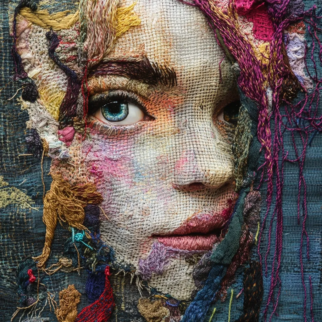 A close-up reveals a meticulously crafted textile artwork depicting a woman's face.  The portrait is embroidered onto burlap, utilizing a vibrant array of threads in various textures and colors.  The artist's skill is evident in the detailed rendering of the eyes and facial features, creating a striking and emotive piece.  The frayed edges of the fabric add a layer of texture and depth to the composition.