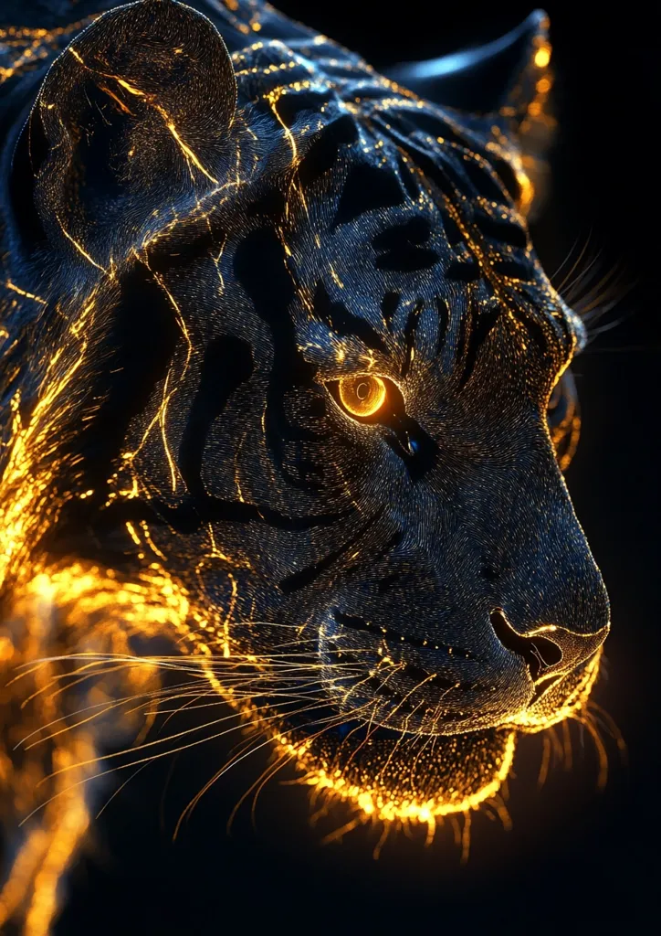 A close-up digital rendering of a tiger's head, depicted in a striking style.  The tiger's fur appears to be composed of countless glowing golden particles, creating a mesmerizing effect against a dark background. The intense gaze of the tiger is highlighted by its bright, luminous eyes.  The image is highly detailed, showcasing the intricate textures of the animal's fur and features.