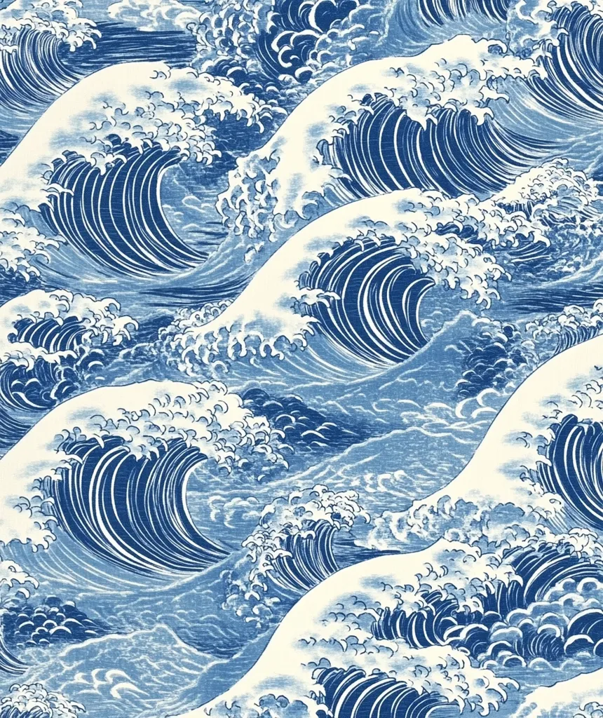 A seamless pattern of stylized ocean waves in varying shades of blue.  The waves are depicted in a traditional Japanese woodblock print style, with swirling lines and dynamic curves creating a sense of movement and energy.  The background is a creamy off-white, providing contrast to the deep blue of the water. The overall effect is one of powerful beauty and serene movement.