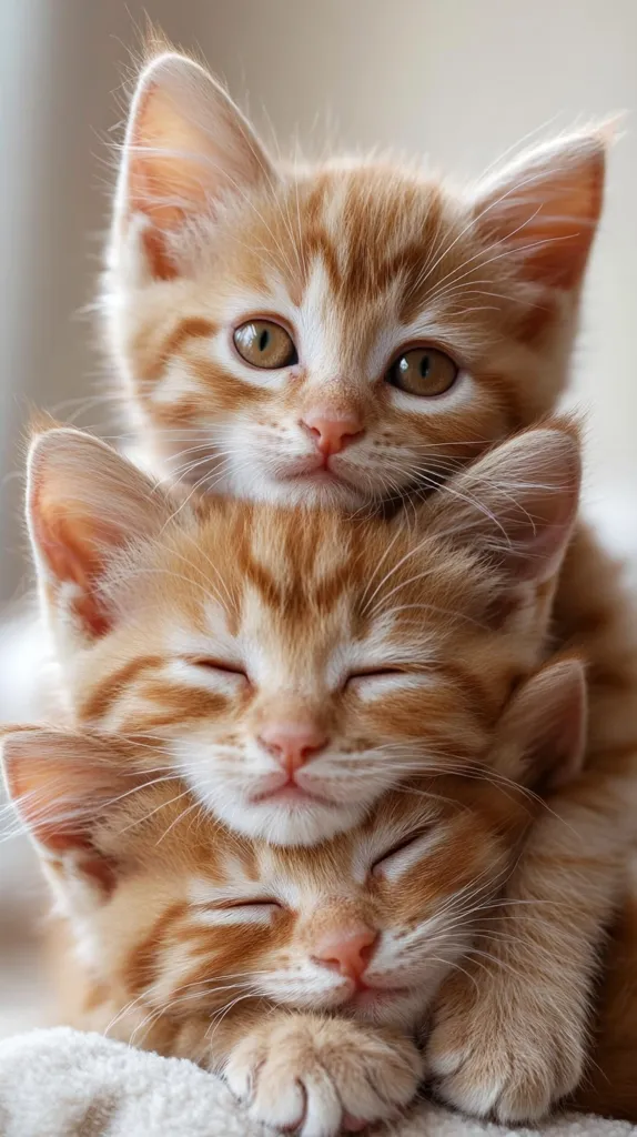 Three ginger kittens are nestled together in a heartwarming pile.  The top kitten is alert, while the two below have their eyes closed, peacefully sleeping. Their soft fur and adorable faces create a charming image of feline companionship and tranquility. The kittens' paws are gently intertwined, showcasing their bond.