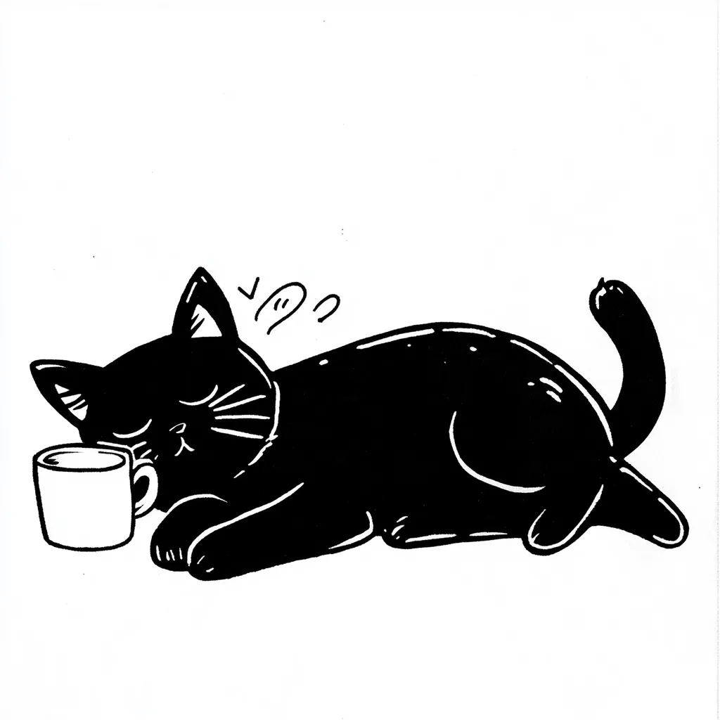 A black cat, depicted in a simple, bold black-and-white style, lies down, seemingly asleep. It rests its head near a mug, suggesting a cozy scene. The cat's form is slightly cartoonish, with a rounded body and a small, curled tail.  Small, whimsical markings above the cat hint at sleepiness or dreams. The overall impression is one of calm contentment.