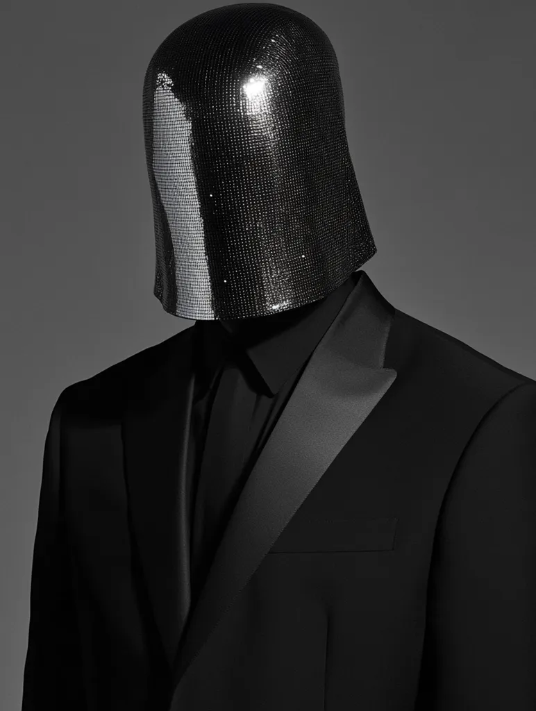 A figure in a black tuxedo is shown from the chest up.  Their head is covered by a dark, sequined, helmet-like headpiece with a vertical, lighter-colored stripe down the center.  The image is monochromatic, emphasizing the stark contrast between the textured head covering and the smooth fabric of the suit. The overall effect is one of both elegance and anonymity.
