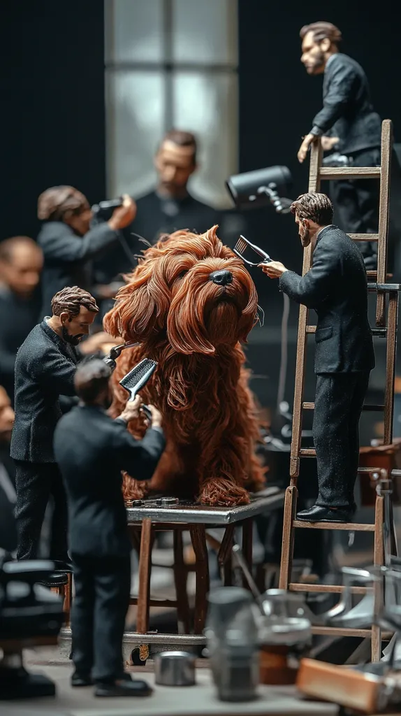 A meticulously detailed miniature scene depicts a fluffy brown dog undergoing a grooming session.  Several tiny, impeccably dressed figures act as stylists, using combs and brushes. The setting resembles a bustling salon, with additional figures observing or assisting in the background.  The overall image is sharply focused, showcasing the intricate detail of the miniature figures and their surroundings.