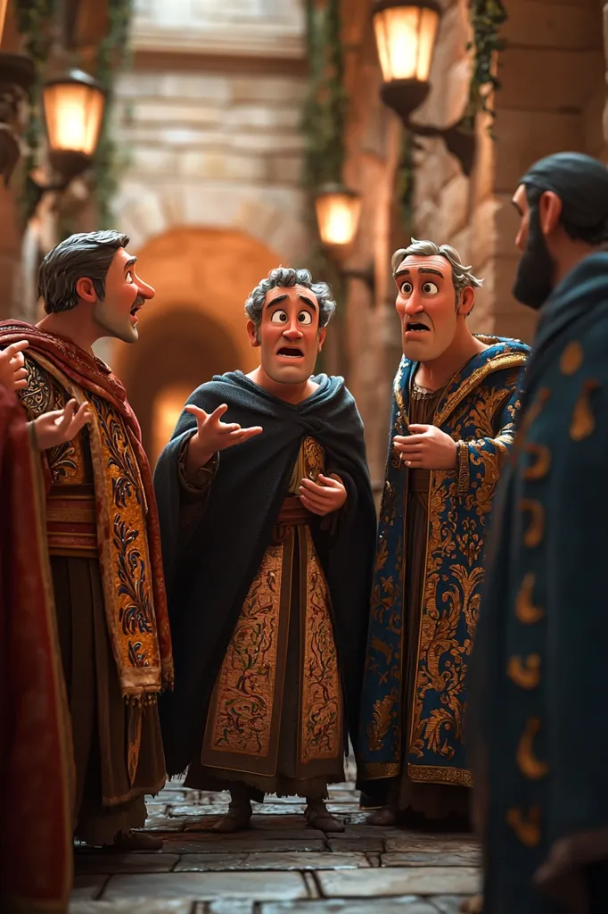 Four men in elaborate medieval-style robes stand in a dimly lit alleyway.  One man, centrally positioned, appears distressed, gesturing with his hands as he speaks to the others.  The surrounding men wear richly decorated robes, suggesting a scene of importance or conflict.  The atmosphere is serious and dramatic, enhanced by the ancient-looking architecture. The lighting focuses on the men, creating a sense of intrigue.