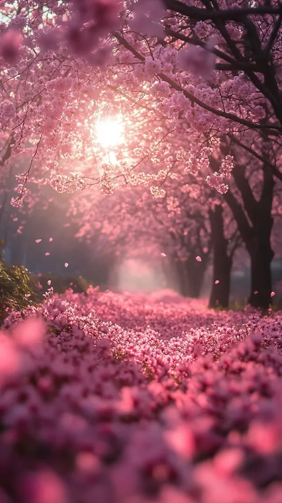 A breathtaking scene unfolds: a sunlit path through a cherry blossom tunnel.  Pink petals blanket the ground, creating a soft, dreamy carpet.  The warm sunlight filters through the blossoming branches, casting a magical glow on the scene.  Falling petals add a touch of ethereal beauty to this enchanting landscape.