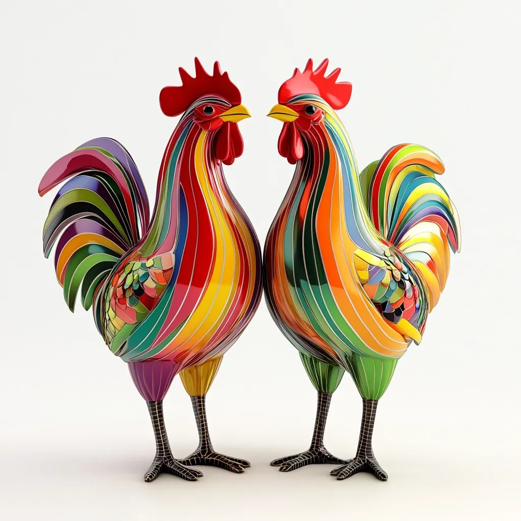 Two vibrant rooster sculptures face each other, their bodies a kaleidoscope of multicolored stripes.  The glossy finish highlights the intricate detailing of the feathers, creating a visually striking display.  Each rooster stands proudly on black legs, showcasing a playful, yet elegant design.  The artwork is a captivating blend of color and form.