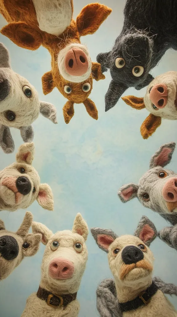 A whimsical group of needle-felted animal figures, possibly dogs and pigs, gaze upward from a circle formation against a light blue sky.  Their expressive faces and textured wool create a charming and slightly surreal scene.  The playful perspective adds to the overall whimsicality of the image.