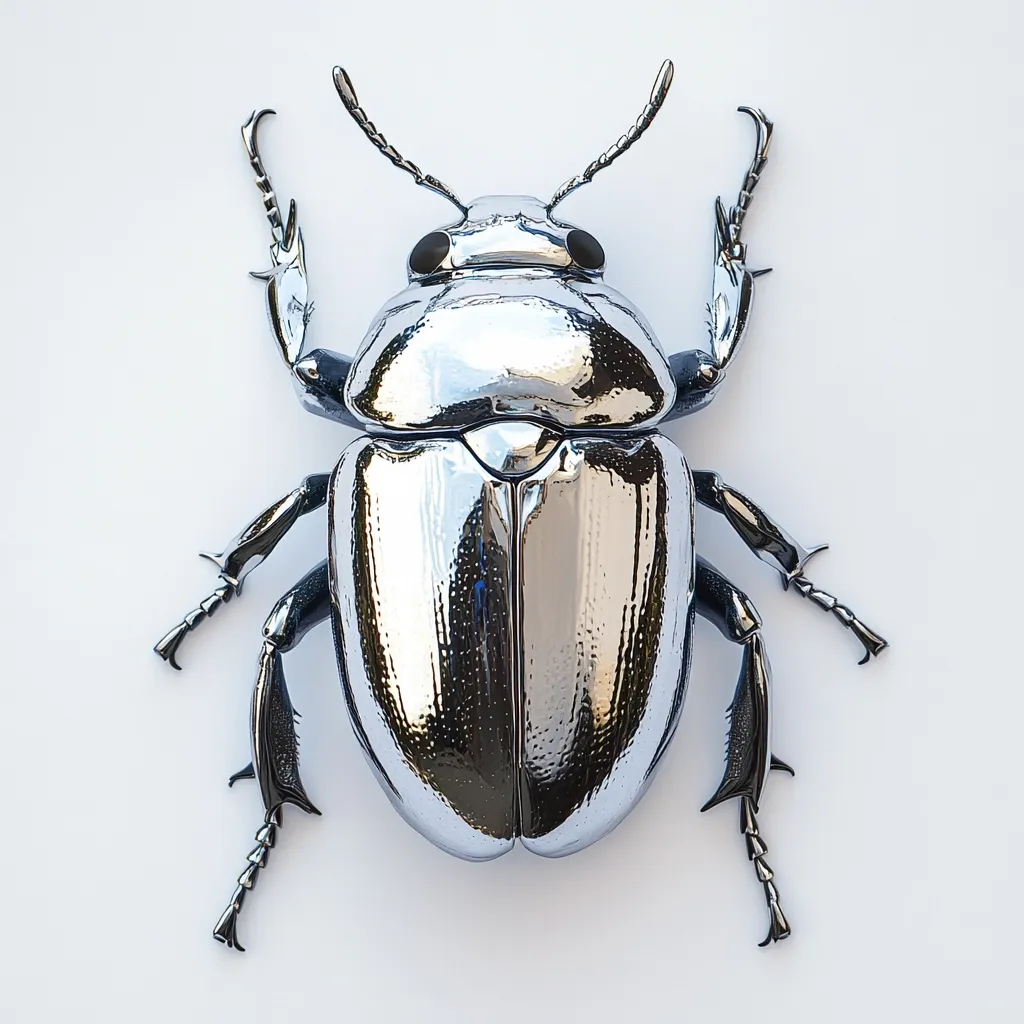 A highly polished, chrome-plated beetle is shown from a top-down perspective against a stark white background.  The insect's exoskeleton gleams, reflecting light intensely.  Its legs are splayed out, showcasing intricate details. The overall effect is a striking contrast between the organic form of the beetle and the artificial, metallic sheen.