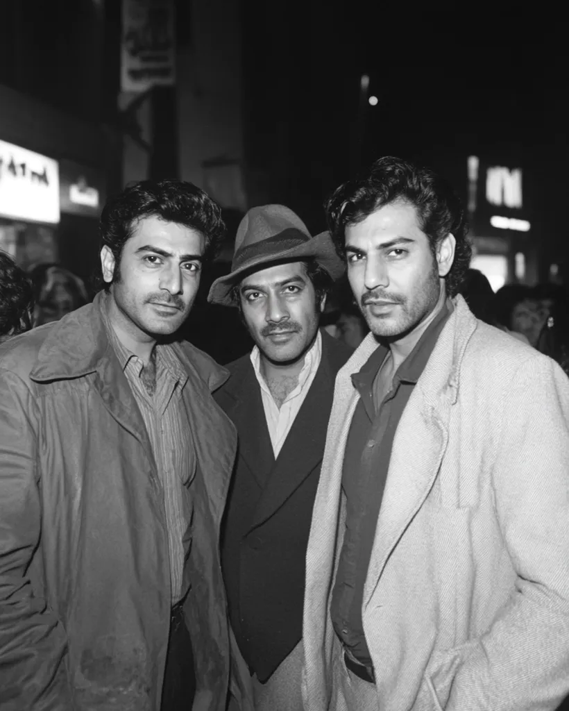 A black and white photo shows three men standing close together, likely at a nighttime event. The man on the left wears a long coat, the man in the center wears a fedora and a suit jacket, and the man on the right wears a light-colored coat.  They appear to be of Middle Eastern or South Asian descent. The background is blurry, indicating a bustling city street at night. The image has a candid, informal feel.
