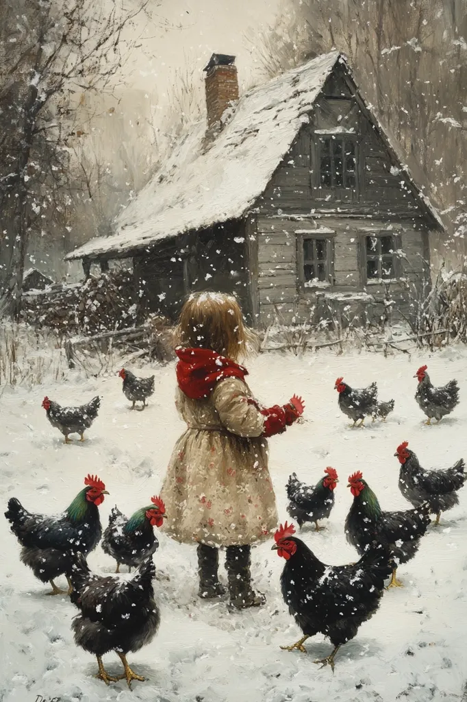A young girl in a red hooded coat and floral dress stands in snowy landscape near a rustic farmhouse.  Snow falls softly as she watches a flock of dark-feathered chickens pecking in the snow.  The scene is peaceful and evokes a sense of quiet winter charm. The girl appears to be feeding the chickens.