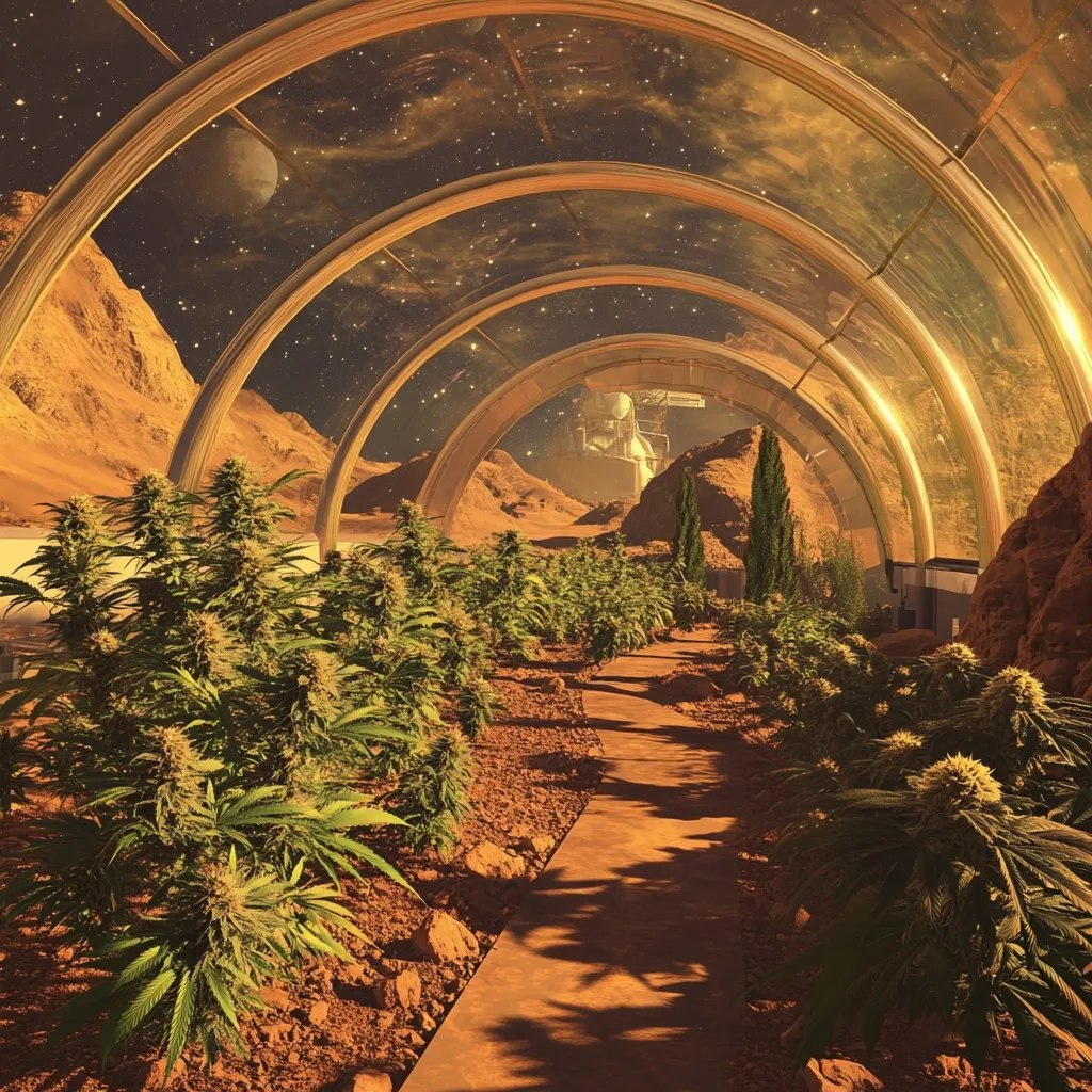 A futuristic Martian cannabis farm is depicted within a transparent, arched structure. Rows of thriving marijuana plants line a pathway leading towards a distant structure, possibly a research facility or habitat. The scene is bathed in warm, orange light from a setting sun or possibly artificial lighting, against a backdrop of a starry night sky and the rusty-red Martian landscape.  The overall mood is one of serene productivity in a harsh, yet controlled environment.