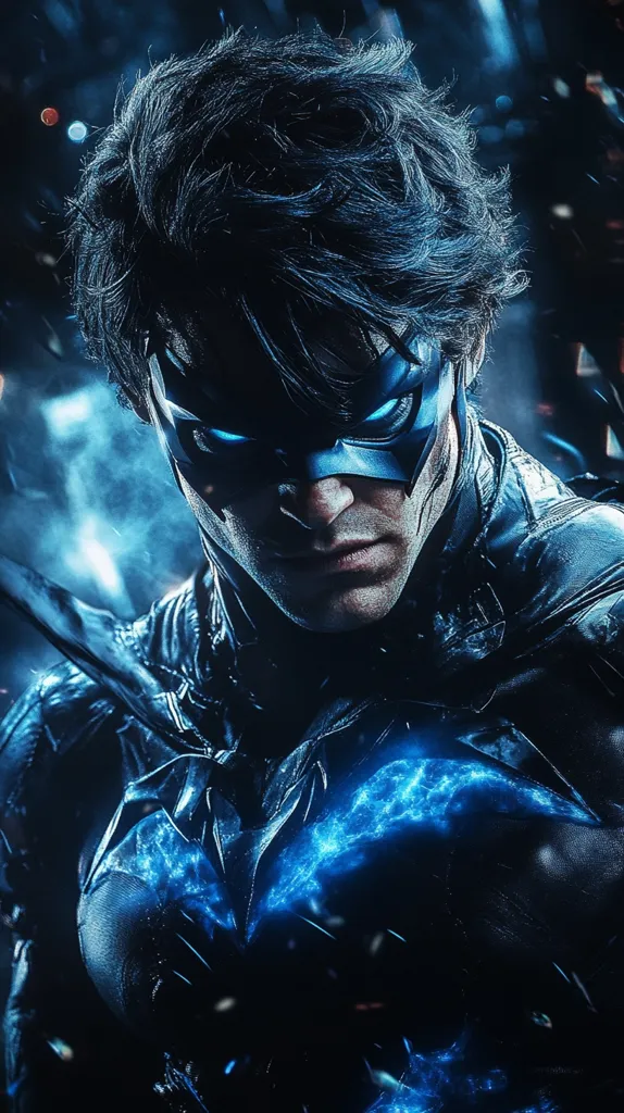 A dramatic close-up of Nightwing, a DC Comics superhero.  His dark, windswept hair frames a determined face partially obscured by his signature blue mask.  Electric blue energy crackles across his chest, enhancing the intensity of the image. The dark background and dramatic lighting create a powerful and brooding atmosphere.