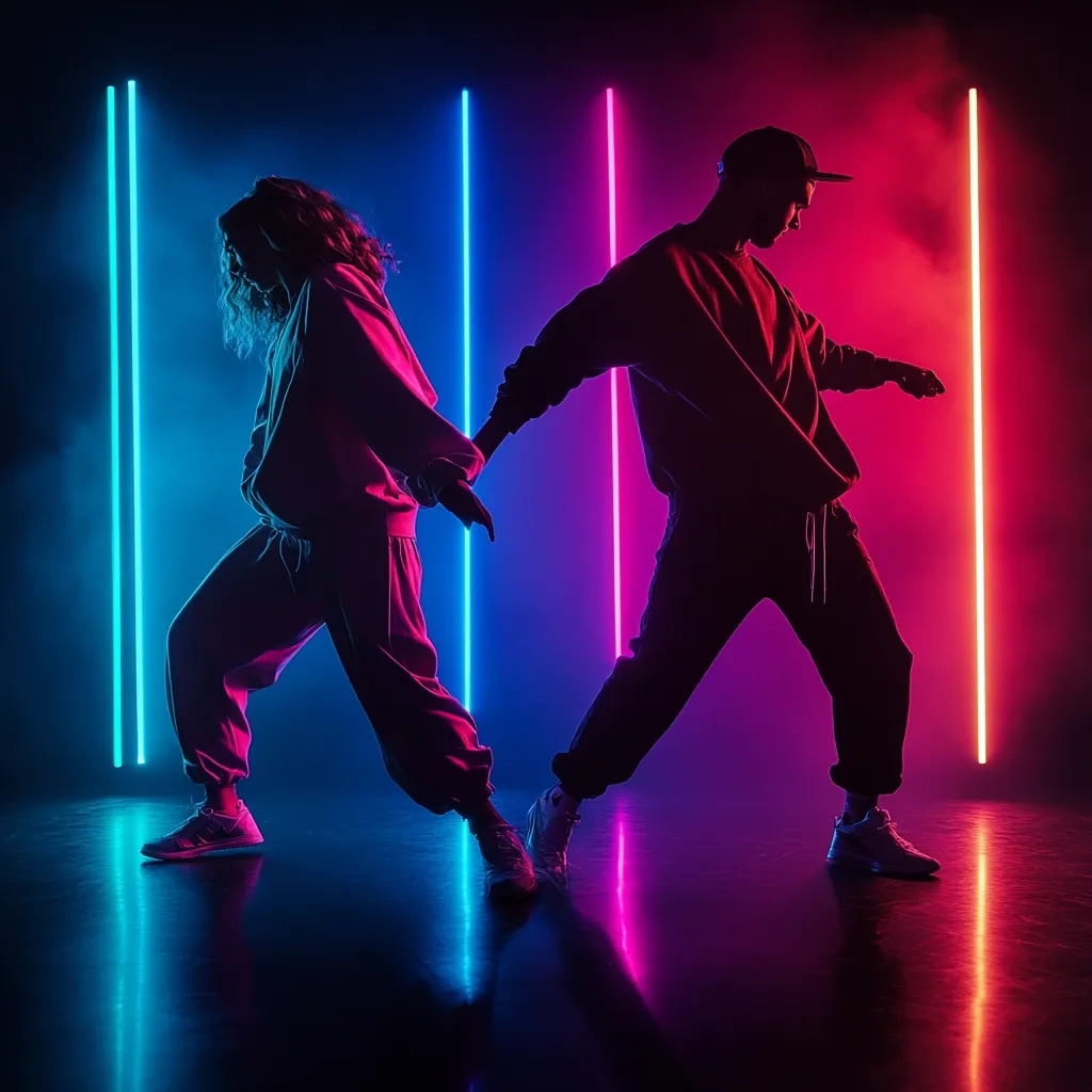 Two hip-hop dancers, a man and a woman, are captured in silhouette against a vibrant backdrop of neon blue and pink vertical lights.  They are in mid-movement, showcasing dynamic poses and a connection between them.  The smoky atmosphere adds to the dramatic and energetic feel of the image, emphasizing their powerful dance performance. The contrasting colors and strong silhouettes create a striking visual impact.