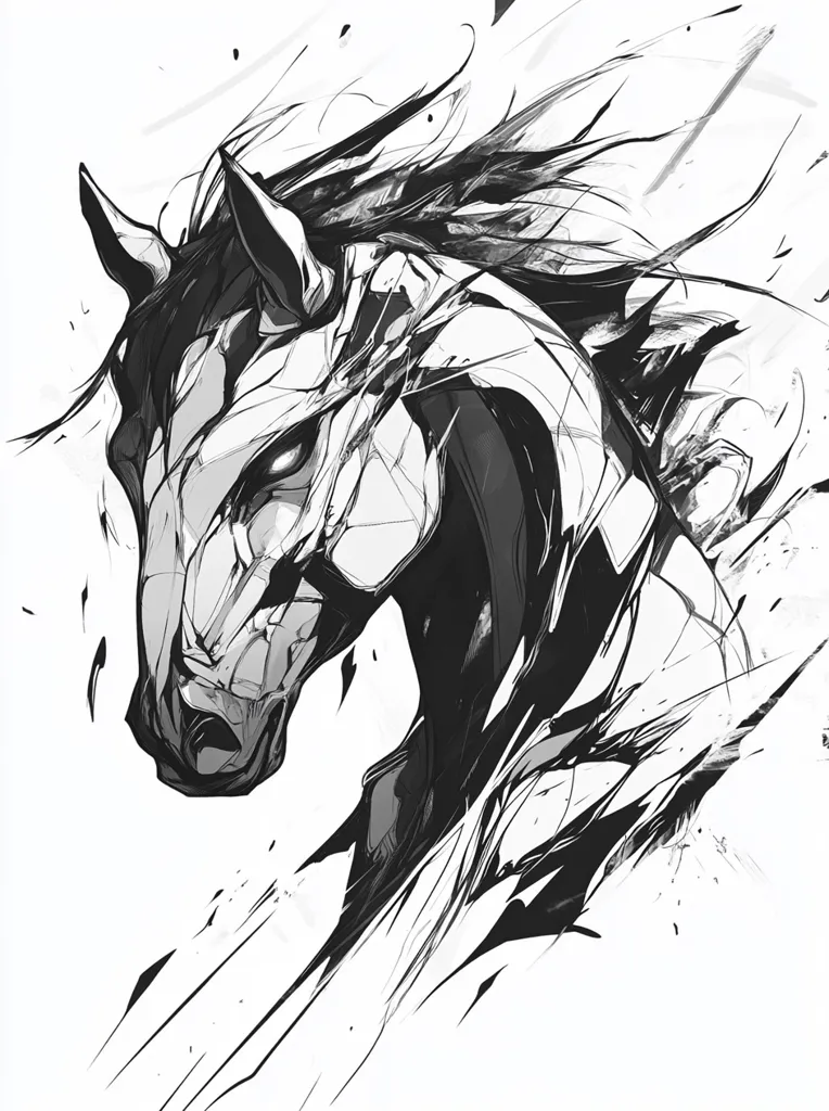 A stylized monochrome illustration depicts a horse's head and neck.  The art style is expressive and abstract, using bold, dynamic lines and shading to create a sense of movement and energy.  The horse's features are somewhat obscured by the energetic brushstrokes, yet its powerful presence remains clear.  The background is a stark white, emphasizing the horse's form.  The overall impression is one of raw power and untamed spirit.