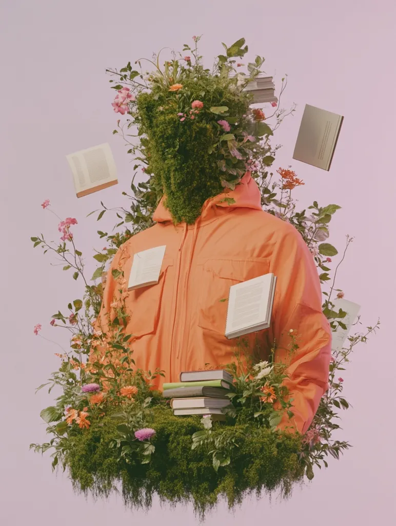 A surreal image depicts an orange hooded jacket enveloped in lush greenery and wildflowers.  The head area is replaced with a dense mass of moss and blooms, with books floating around it.  A stack of books rests on the jacket's lap.  The overall aesthetic is dreamy and evokes a sense of growth and knowledge intertwined with nature.  The pastel background enhances the ethereal quality.