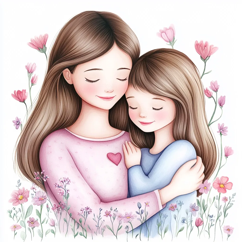 A watercolor illustration depicts a tender embrace between a mother and her young daughter.  Both have their eyes closed, suggesting peace and contentment. The mother, wearing a pale pink sweater with a heart detail, holds her daughter close.  Delicate pink and purple wildflowers surround them, creating a loving and serene atmosphere.  The style is sweet and charming, perfect for Mother's Day or a celebration of family.