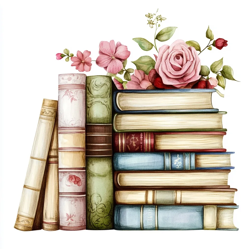 A watercolor painting depicts a stack of vintage books adorned with a delicate arrangement of pink roses and other blossoms.  The books, varying in color and size, have aged spines with intricate designs. The floral bouquet rests atop the stack, adding a touch of romantic charm to the composition. The overall style evokes a sense of nostalgia and classic elegance.