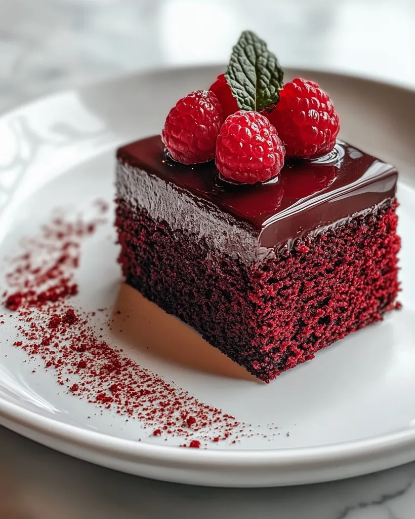A decadent square of red velvet cake, generously glazed with dark chocolate, sits elegantly on a white plate.  Three plump raspberries and a sprig of mint garnish the top.  A dusting of red cocoa powder adds a final touch of sophistication to this delicious-looking dessert.