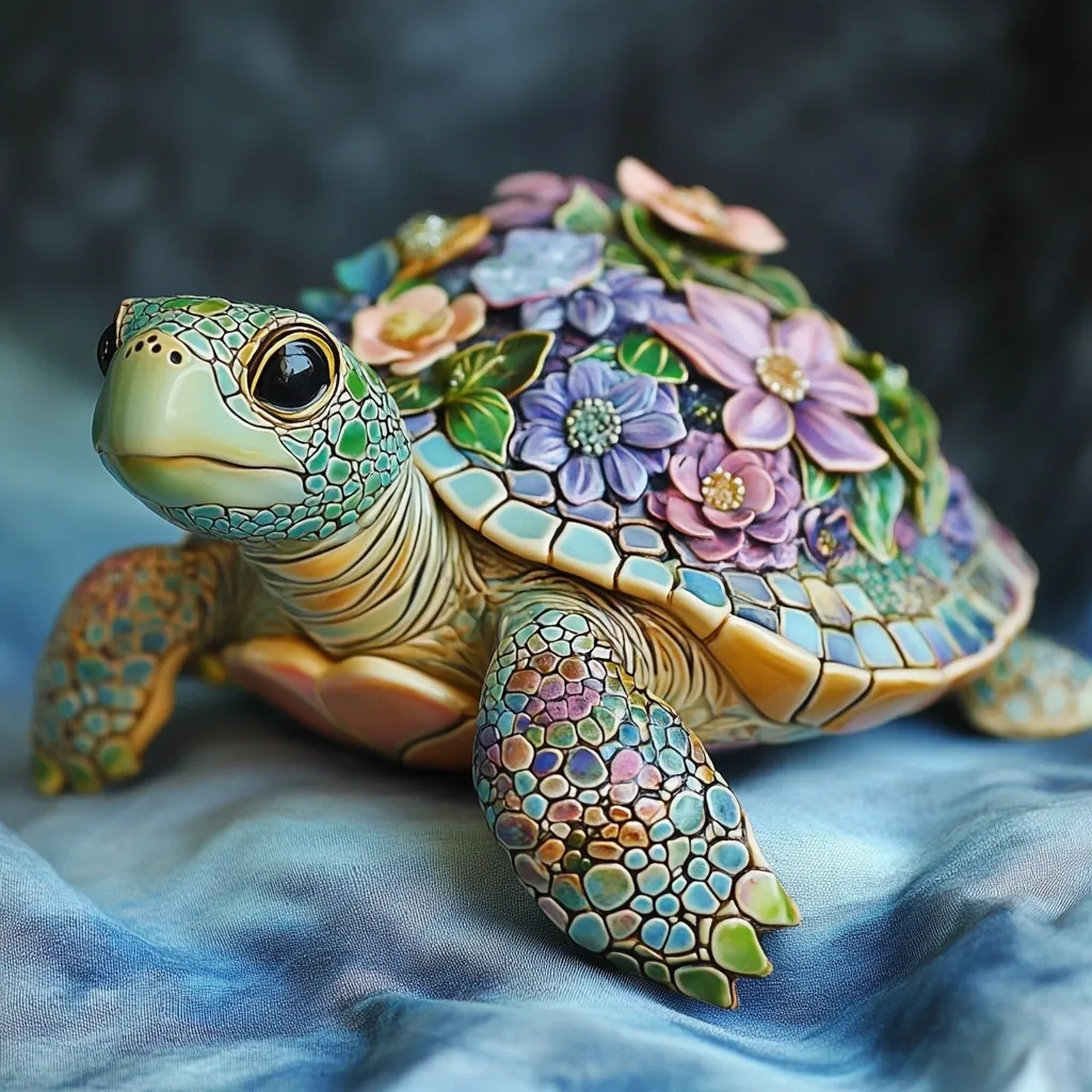A meticulously crafted turtle figurine is adorned with a vibrant mosaic of colorful flowers on its shell.  The turtle's head and limbs are detailed with textured, jewel-toned scales.  It rests on a soft, blue fabric, creating a striking contrast between the figurine's ornate design and the serene background.  The artwork displays exceptional artistry and attention to detail.