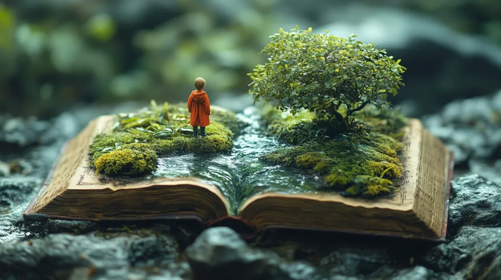 A miniature scene unfolds within an open book, transformed into a vibrant landscape. A small figure in an orange coat stands by a mossy stream, gazing towards a miniature tree nestled in lush greenery.  The book's pages form the banks of the stream, creating a magical and enchanting miniature world.  The overall mood is serene and whimsical.
