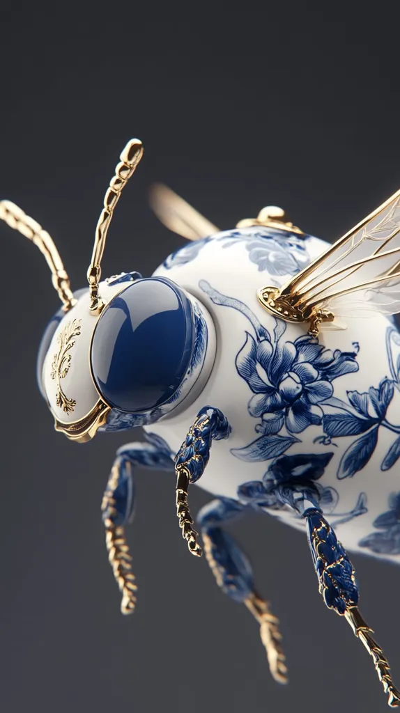 A close-up reveals an intricately designed bee sculpture. Its body is adorned with a blue and white porcelain pattern reminiscent of traditional Chinese designs.  Gold detailing accents the legs and antennae, adding a touch of luxury.  The wings are delicate and translucent, creating a striking contrast against the bold body. The overall effect is one of exquisite artistry and meticulous craftsmanship.