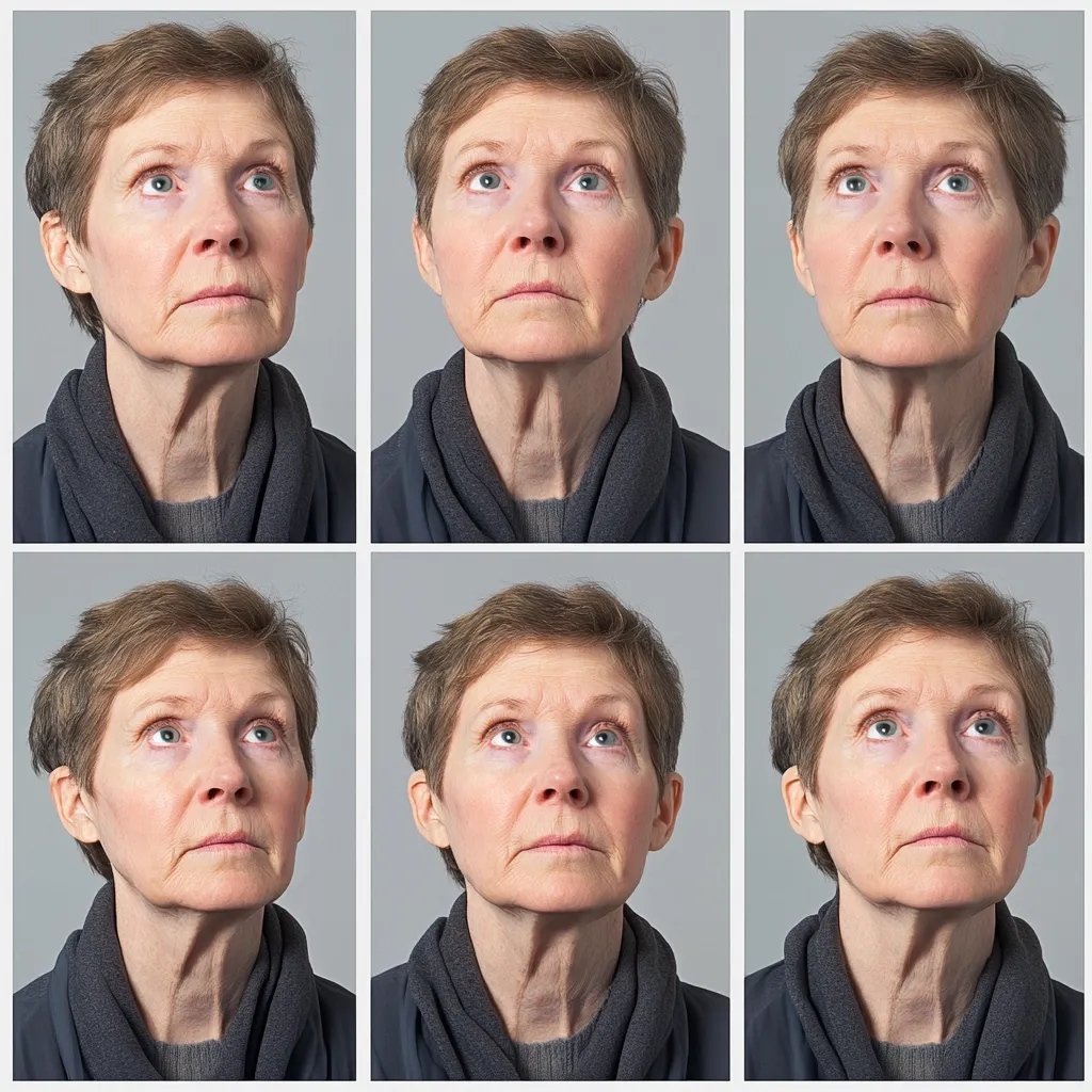 A six-image collage shows a mature woman with short, light brown hair, looking upward.  She wears a dark gray scarf.  The subtle variations in the images likely illustrate slight changes in facial expression or posture.  The consistent background highlights the subject's features.