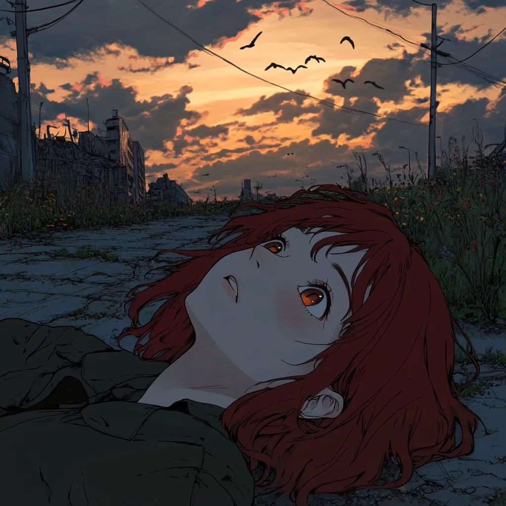An anime-style girl with vibrant red hair lies on the ground, gazing up at a dramatic sunset.  The sky is filled with orange and purple hues, while birds fly overhead.  Behind her, a desolate cityscape of crumbling buildings suggests a post-apocalyptic or war-torn setting.  The overall mood is melancholic and contemplative.