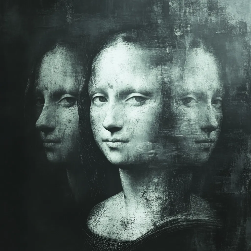 A monochromatic, grunge-textured artwork depicts three overlapping figures resembling the Mona Lisa.  The central figure is most prominent, flanked by two fainter, partially obscured versions.  The overall effect is one of mystery and multiplicity, hinting at identity fragmentation or a ghostly, spectral presence.  The dark, distressed background enhances the somber and enigmatic mood.