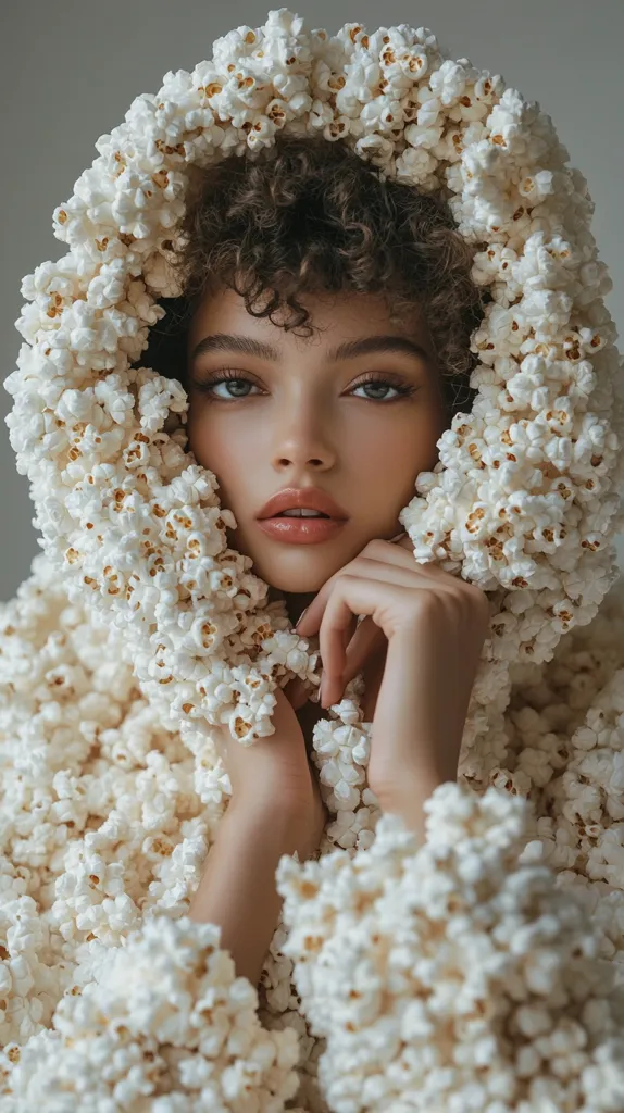 A young woman with curly brown hair is enveloped in a voluminous popcorn garment.  The popcorn forms a hood around her head and a thick coat around her body.  Her expression is serene, her hands gently resting on her face. The image is softly lit, creating a dreamy and whimsical atmosphere.  The overall effect is one of surreal beauty and unexpected texture.