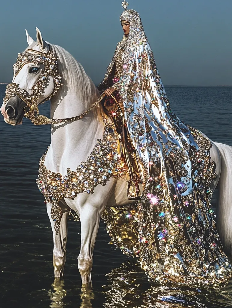 A regal figure, adorned in a shimmering, gold and silver jeweled gown and crown, sits astride a white horse.  Both horse and rider are lavishly decorated with sparkling embellishments.  The scene is set against a calm body of water, creating a dramatic and opulent image. The overall aesthetic is one of fantasy and luxury.