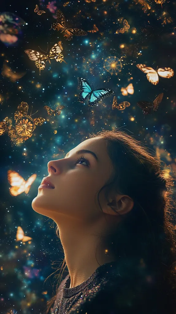 A young woman gazes upwards, her face illuminated by a mystical, starry night sky teeming with iridescent butterflies.  The butterflies, in shades of gold, teal, and brown, appear to dance and swirl around her, creating a magical, ethereal atmosphere.  The scene is dreamlike and evokes a sense of wonder and tranquility.
