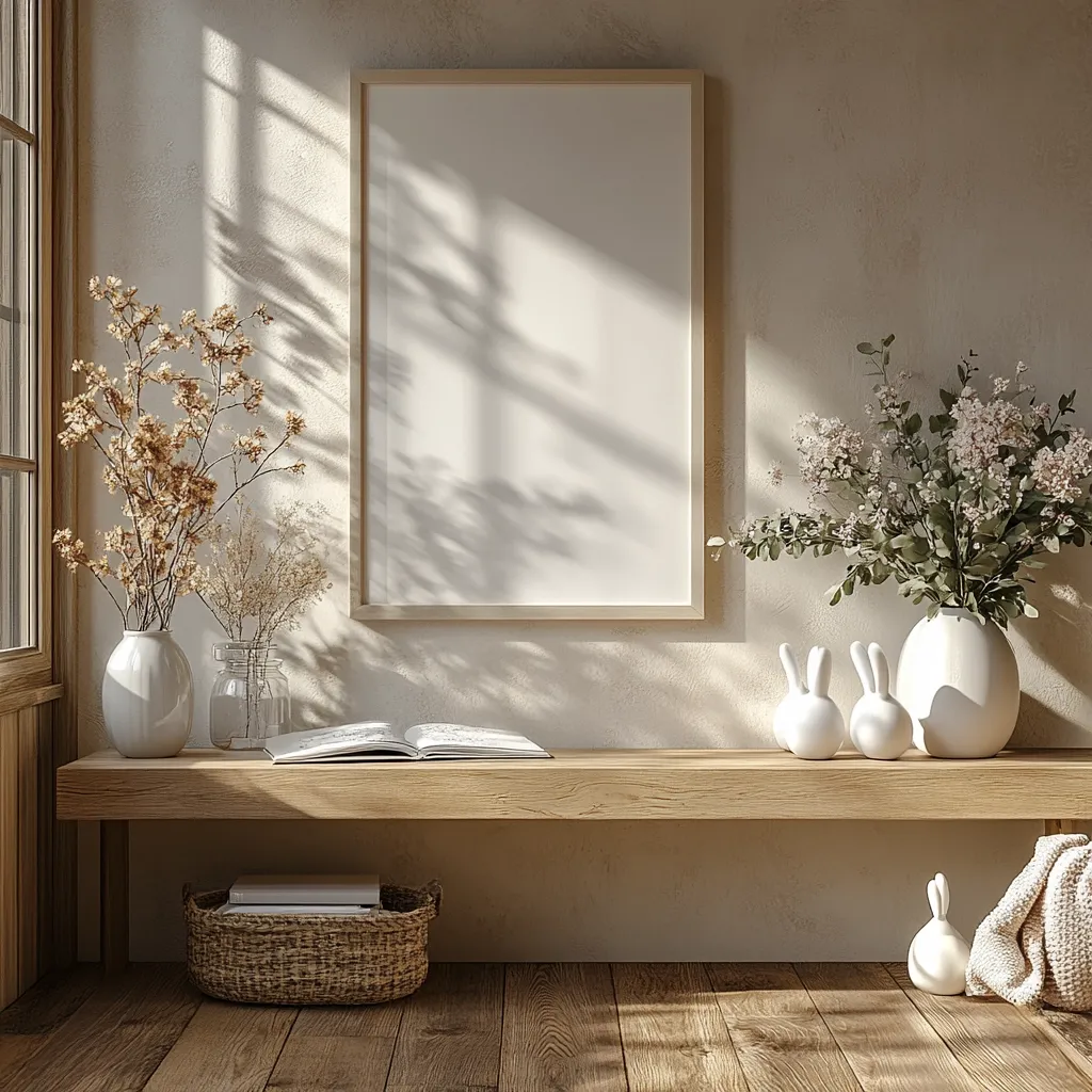 A minimalist interior scene features a light wood bench holding dried flowers in vases, a book, and ceramic bunnies.  A large blank vertical frame hangs on a textured beige wall, bathed in sunlight casting shadows.  A woven basket with books sits on the floor. The overall aesthetic is calm, serene, and neutral.  The scene is styled for showcasing the blank frame.