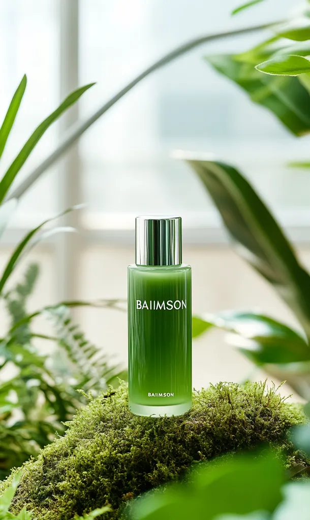 A green bottle of Baimson skincare product rests on a bed of moss.  The bottle has a silver lid and the brand name is subtly printed on the label. Lush green foliage provides a natural, serene backdrop, emphasizing the product's connection to nature.  The overall aesthetic is clean, minimalist, and calming.
