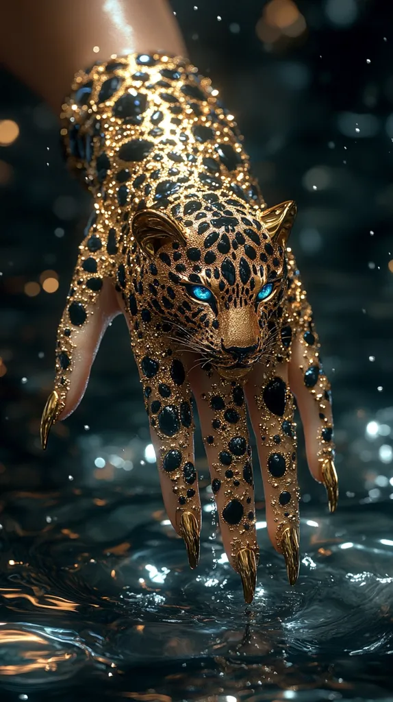 A hand adorned with a gold and black leopard-print glove, complete with long, sharp claws, dips into dark water. The glove is intricately detailed, resembling a jeweled jaguar.  The leopard's head rests on the back of the hand, its eyes glowing with bright blue.  The overall image is dark and luxurious, evoking a sense of power and mystery.