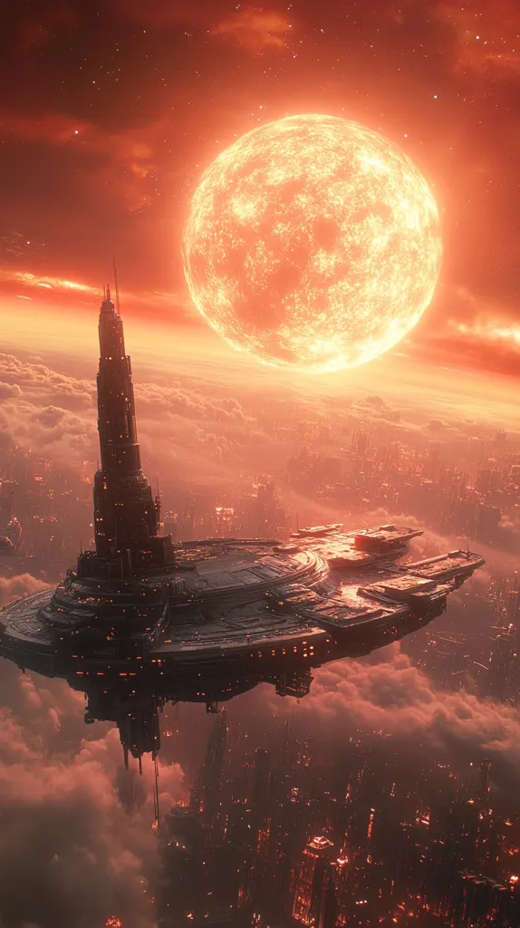 A futuristic city sprawls beneath a colossal, fiery red sun.  A massive, dark spaceship, resembling a flying island with a tall central spire, hovers in the crimson sky above the cloud-covered metropolis. The scene evokes a sense of otherworldly grandeur and perhaps impending doom, with the intense red tones dominating the image. The detailed architecture of the city and the spaceship suggests advanced technology and a possibly dystopian setting.