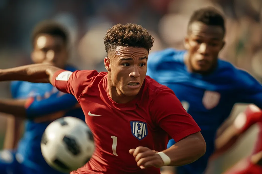 A young soccer player in a red jersey, number 1, dribbles the ball during a fast-paced game.  He's focused intently, his expression serious as he maneuvers around blurred opponents in blue. The sun illuminates the scene, highlighting the intensity of the match. The crest on his shirt shows a team logo, adding to the sense of competition and national pride.