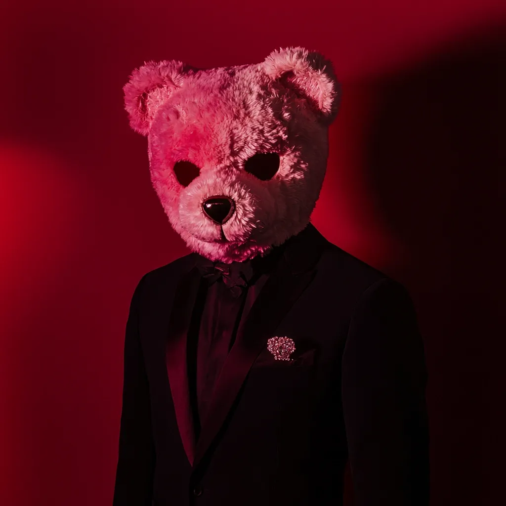 A figure in a dark tuxedo wears a large pink teddy bear mask against a crimson backdrop. The mask obscures the person's face completely.  A small, glittering brooch is visible on the lapel of the jacket. The overall mood is mysterious and slightly unsettling. The red lighting enhances the dramatic effect.