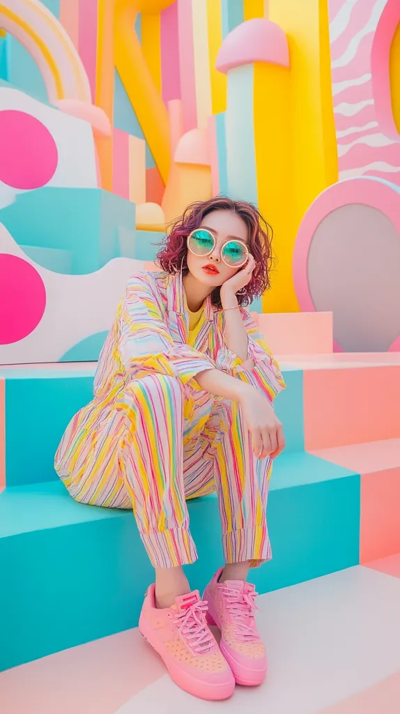 A young woman with short, curly auburn hair sits on pastel-colored steps. She wears vibrant rainbow-striped pants and matching shirt, along with pink sneakers and round, teal sunglasses.  The backdrop is a whimsical, colorful landscape of playful shapes and patterns in various shades of pink, yellow, and blue.  Her pose is relaxed, one hand resting on her chin.