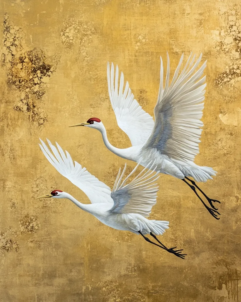 Two elegant white cranes with crimson foreheads are depicted in mid-flight against a textured gold background.  Their wings are fully outstretched, showcasing detailed feathers. The gold background resembles aged gold leaf, adding a sense of antiquity and serenity to the image. The painting style is realistic, emphasizing the birds' grace and power.