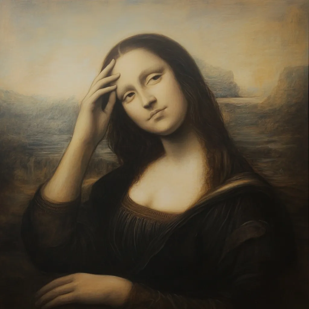 A painting in the style of the Mona Lisa depicts a woman with dark hair and a dark dress.  Her hand rests on her forehead, suggesting contemplation or weariness. The background is a muted landscape of water and hills, reminiscent of the original Mona Lisa's setting.  The overall tone is somber and thoughtful. The painting is executed with meticulous detail, mimicking the sfumato technique.