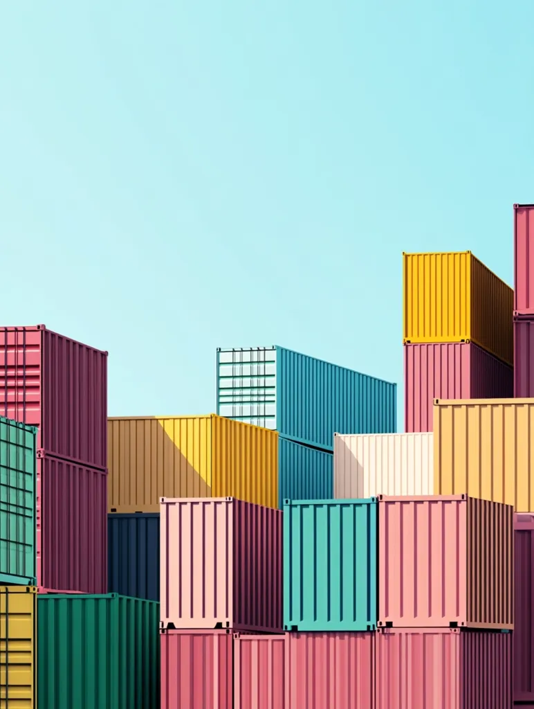 A colorful stack of shipping containers against a pale blue sky.  The containers are various pastel shades of pink, yellow, teal, and beige, creating a vibrant and visually appealing arrangement.  The image suggests themes of global trade, logistics, and transportation.  The clean lines and bright colors create a modern and stylized feel.