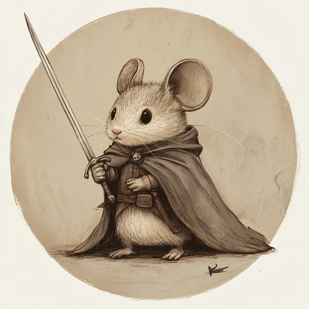 An adorable illustration depicts a tiny mouse, bravely clad in a dark cloak and holding a sword.  The mouse's large ears and endearing expression add to its charm. The sepia-toned artwork, set against a circular background, evokes a medieval or fantasy setting, suggesting a courageous and whimsical knight.  The detailed rendering emphasizes the texture of the mouse's fur and the cloak's fabric.
