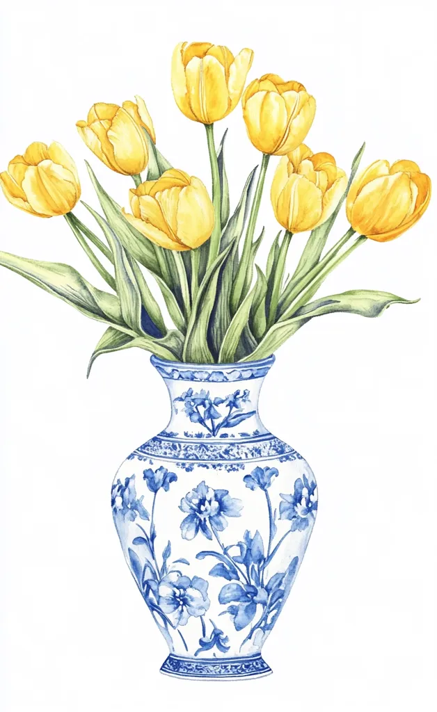 A watercolor painting depicts a blue and white porcelain vase filled with a bouquet of bright yellow tulips.  The vase is adorned with a delicate floral pattern in shades of blue, contrasting beautifully with the vibrant yellow of the blossoms.  The overall style is elegant and serene, evoking a sense of springtime freshness. The composition is balanced and visually appealing, showcasing the artist's skill in capturing both detail and a harmonious color palette.