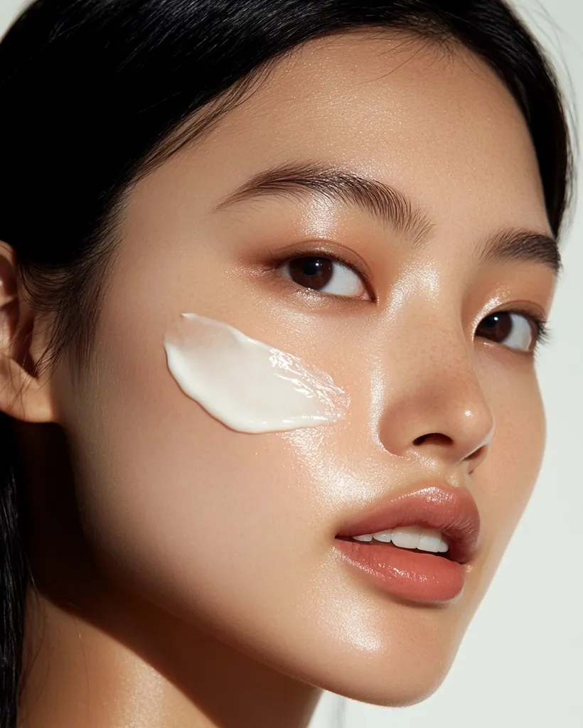 Close-up of a young woman with dark hair, applying a white cream to her cheek. Her skin is radiant and smooth, with a subtle, dewy glow.  The image focuses on her flawless complexion and the application of the moisturizer, highlighting its creamy texture.  The lighting is soft and natural, emphasizing her delicate features.