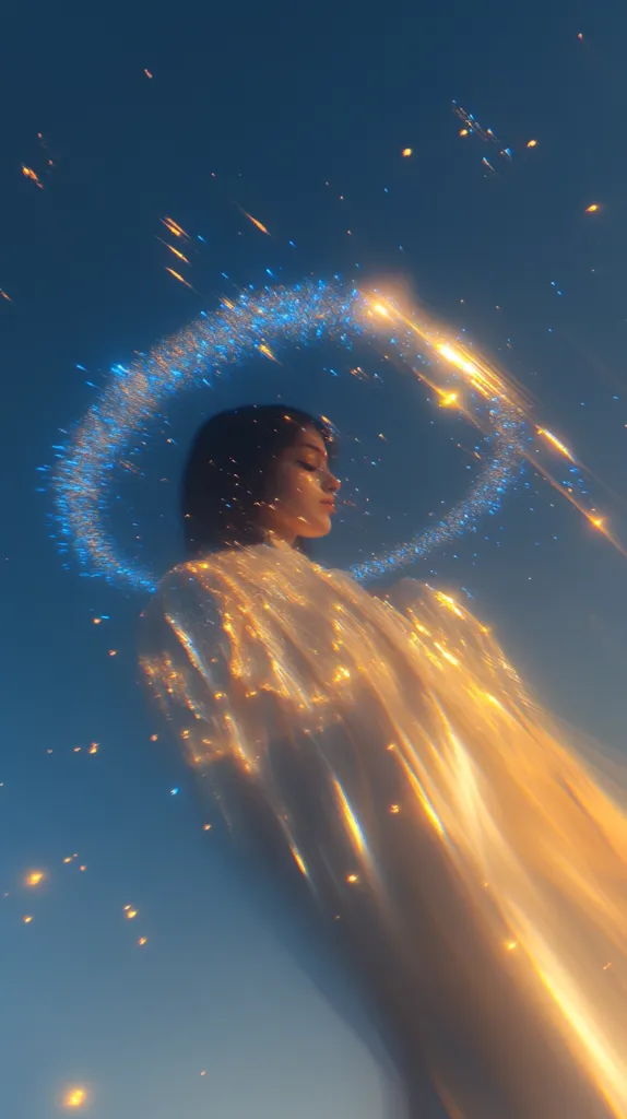 A woman with short dark hair is depicted in a dreamy, ethereal setting.  She wears a shimmering, golden robe that seems to blend with the surrounding light.  A halo of glittering, blue and gold particles encircles her head, creating a celestial, otherworldly atmosphere against a deep blue sky. The image is heavily stylized with a dreamlike, surreal quality.