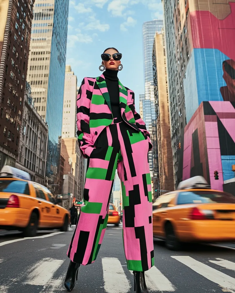 A fashion model stuns in a vibrant pink, green, and black geometric print pantsuit.  She wears black ankle boots and oversized sunglasses, posing confidently on a New York City street.  Yellow taxis blur in the background, highlighting the bold contrast of her outfit against the urban landscape.  The model's sleek turtleneck and large earrings complete the chic ensemble.