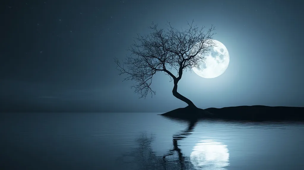 A serene nighttime scene depicts a bare, silhouetted tree perched on a small island in calm water.  A large, bright moon hangs in the night sky, its light reflecting on the tranquil surface of the water.  The scene is peaceful and evokes a sense of solitude and quiet beauty under the moonlight.  The starlit sky adds to the mystical atmosphere.