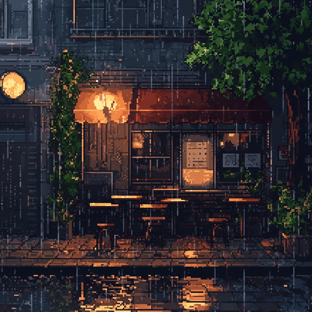A pixel art depiction of a cozy street-side cafe on a rainy night.  Warm interior light spills out onto the wet cobblestones, illuminating empty tables and chairs under a red awning.  Rain streaks down the building's facade, reflecting the light. Lush green plants flank the cafe, adding a touch of life to the scene. The overall mood is quiet and atmospheric.