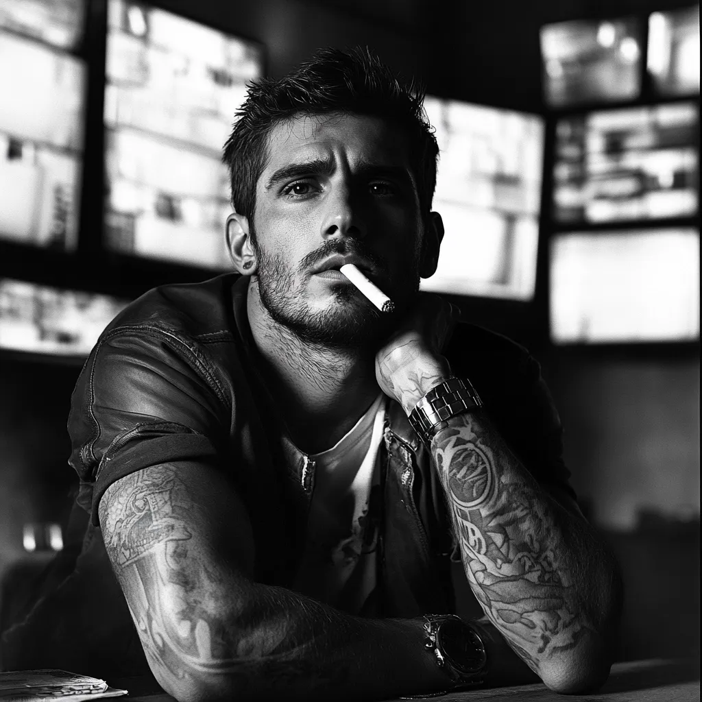 A black and white portrait of a tattooed man with short hair. He's wearing a leather jacket and a watch.  He holds a cigarette between his lips, his hand resting on his chin. The background is blurry, showing a wall of security monitors. The overall mood is dark and brooding.